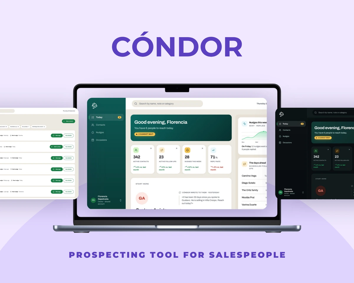 Cóndor, prospecting tool for salespeople: the Panel on a laptop, with the contact list and dark mode behind it
