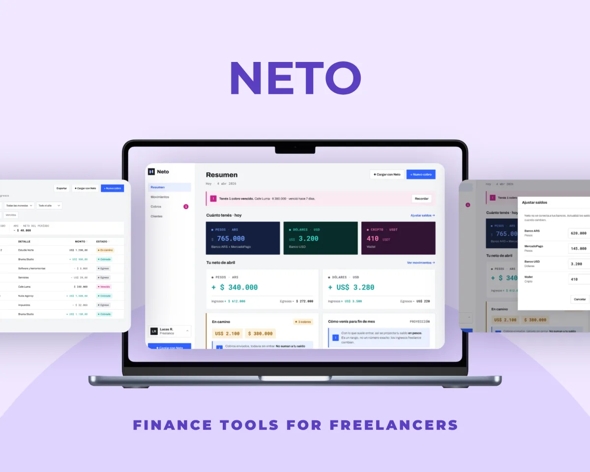 Neto: finance tools for freelancers: the summary screen with net balance per currency