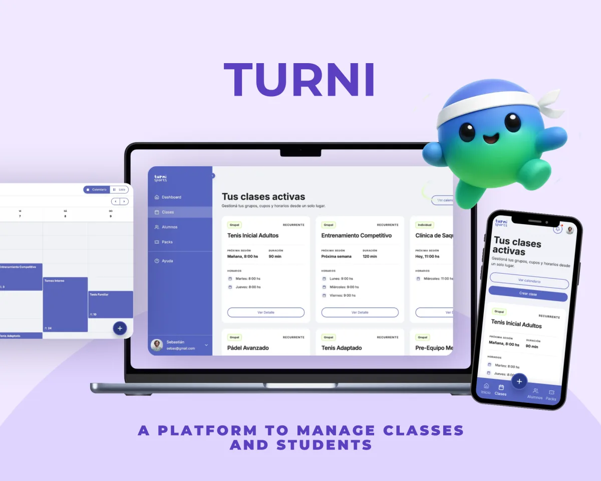 Turni: a platform to manage classes and students, shown on desktop and mobile