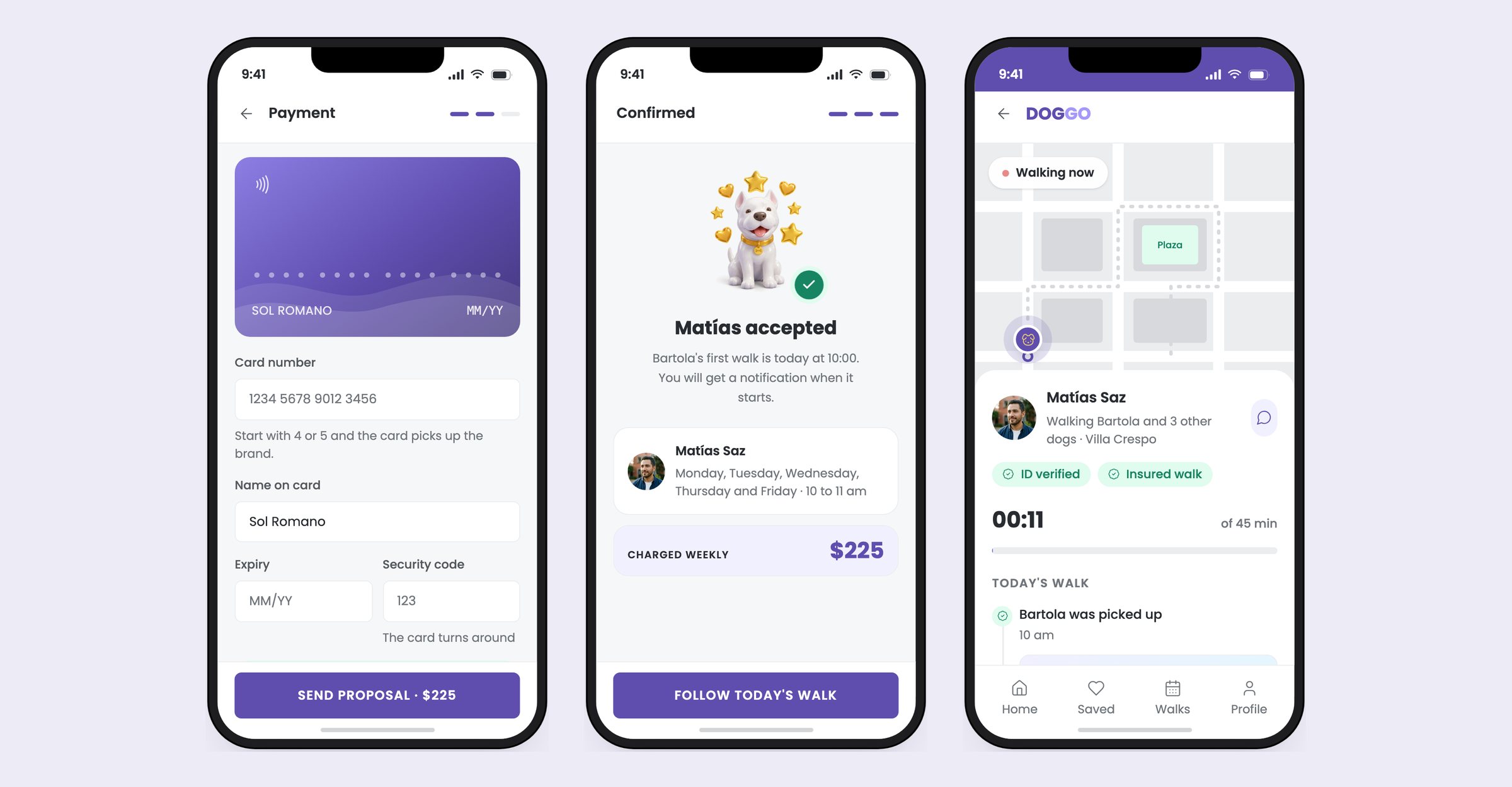 Three screens: the payment step, the confirmation with the illustrated mascot, and the live walk with a map, a route and the timeline of what happened