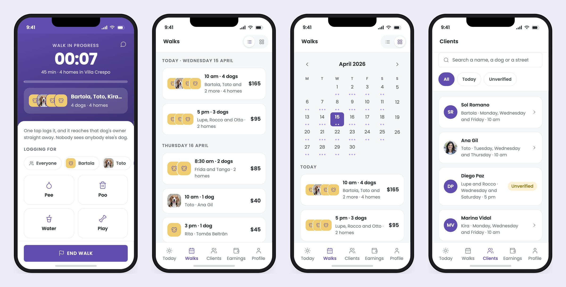 Four screens: the live group walk with a dog selector and one-tap logging, the upcoming walks as a list, the same walks as a calendar, and the searchable client list
