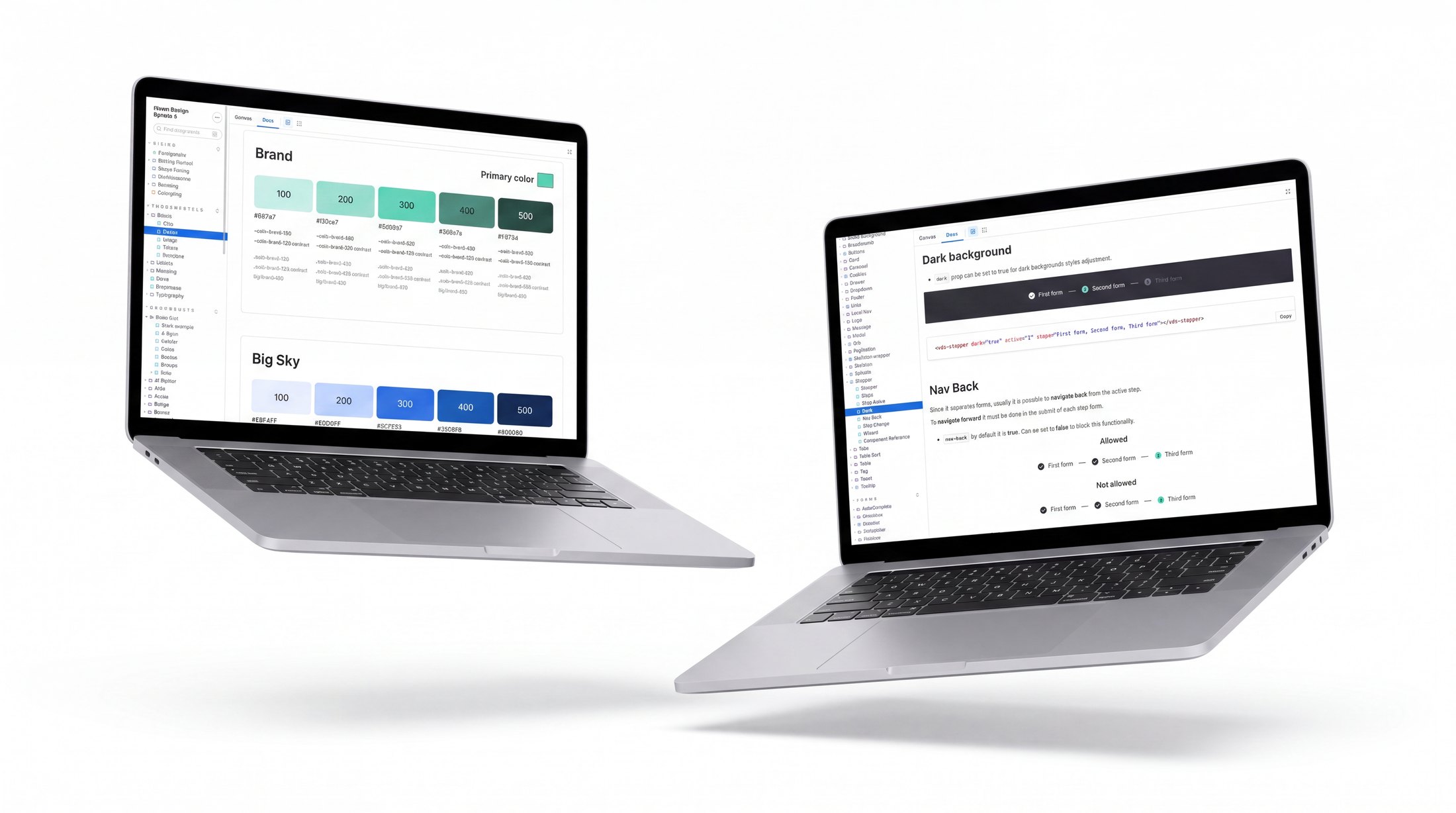 The design system documentation on two laptops: the brand color scale and component states.