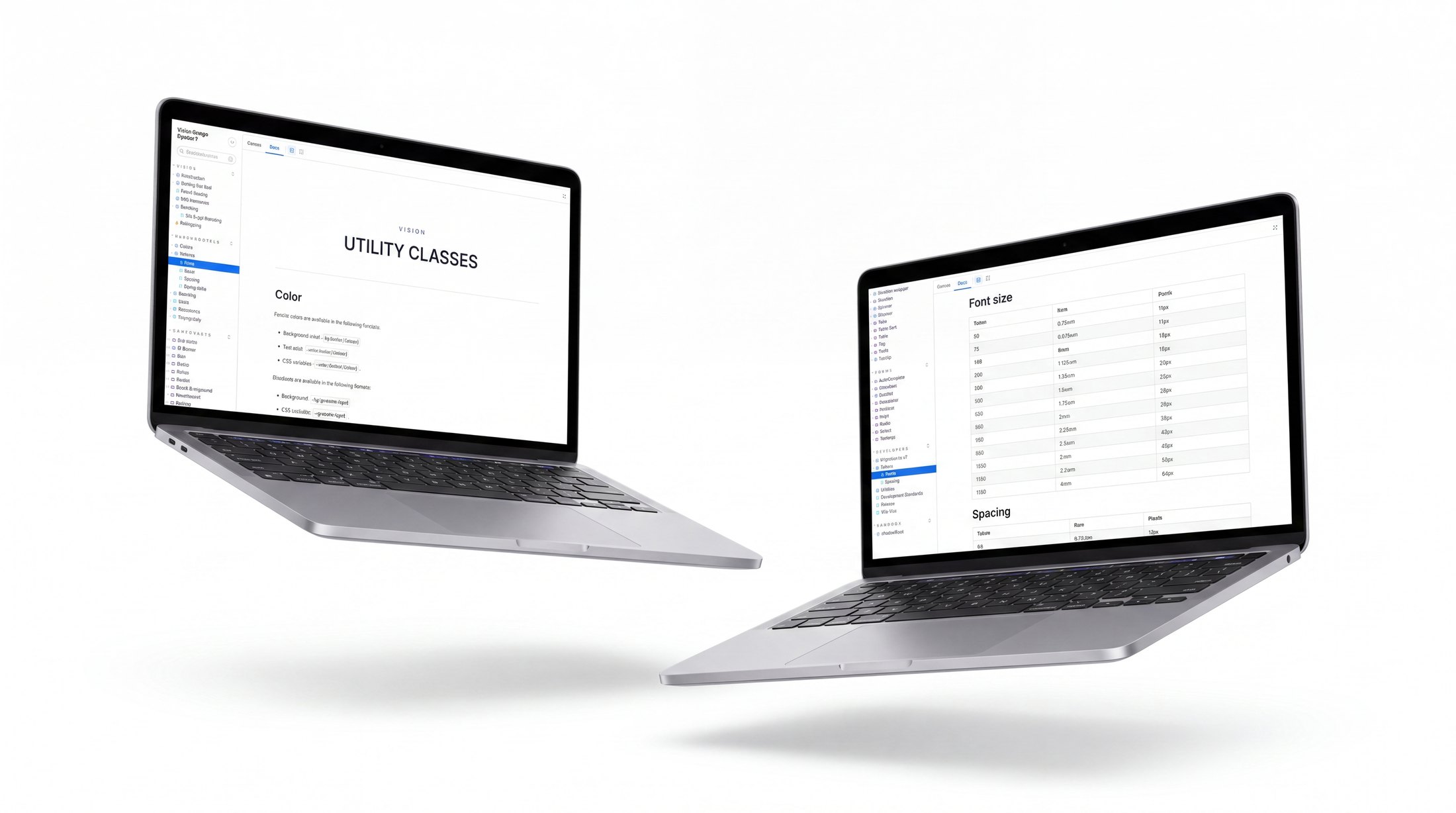 The design system documentation on two laptops: the utility classes and the type and spacing token scales.