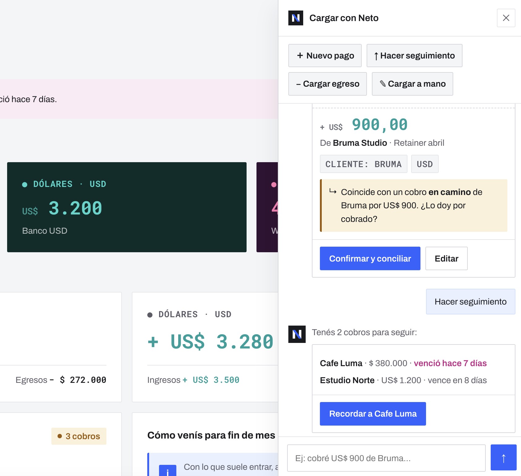 The capture chat: a payment written in plain language, parsed into a movement and reconciled with a pending charge.