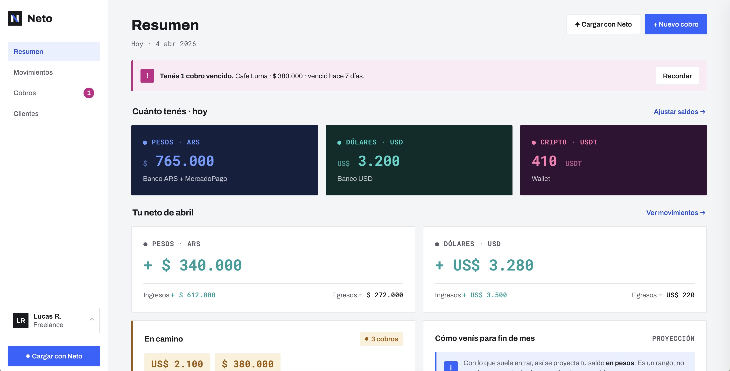 Neto's Summary screen: net per currency, an overdue alert, and money still on the way kept apart from what's in.
