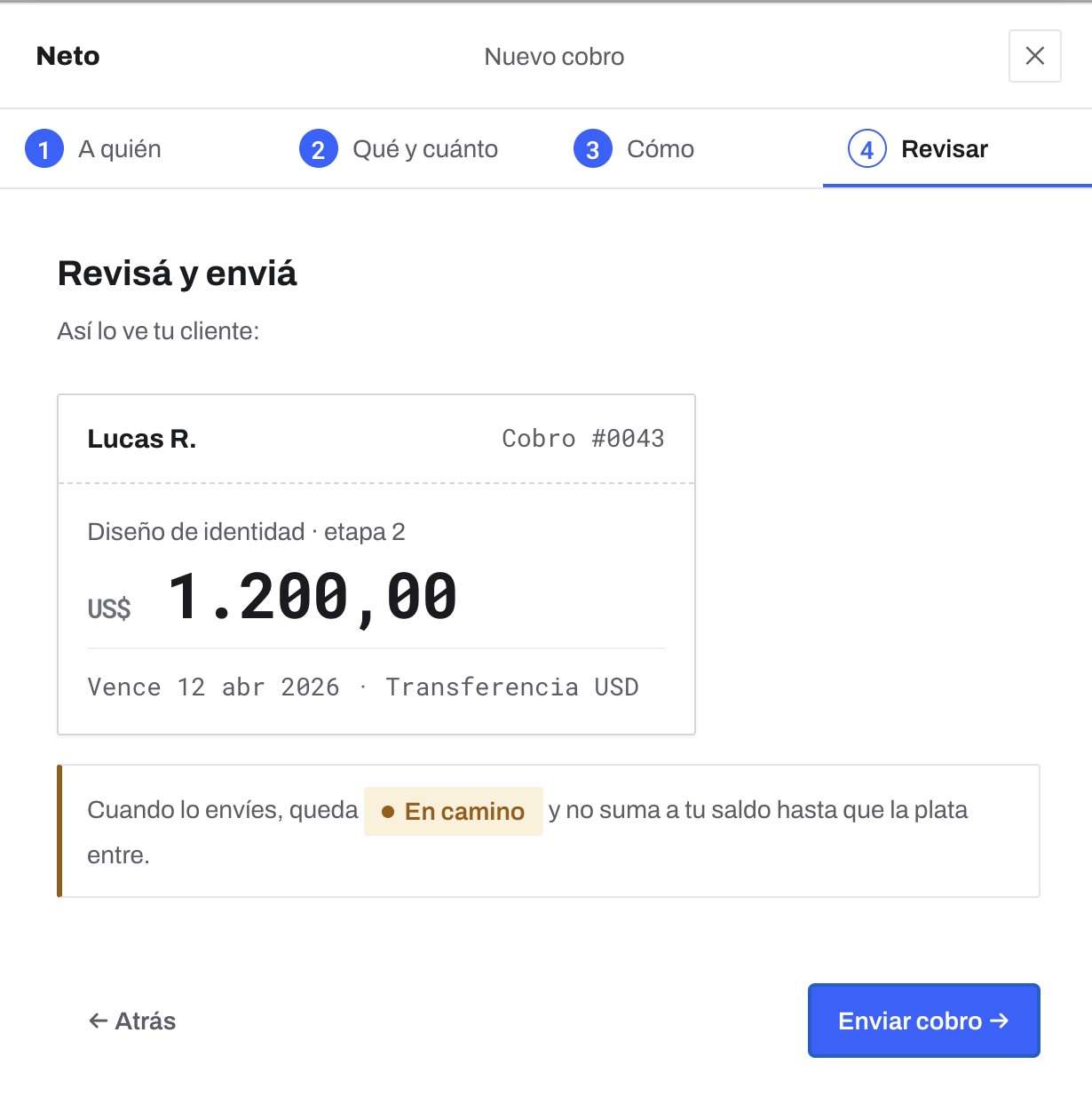 The guided charge wizard: review a charge and send it to the client.