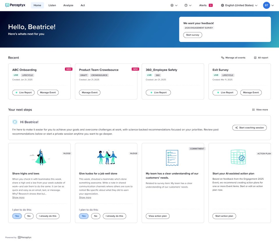The home dashboard that shipped: recent events, recommended next steps, and quick actions.