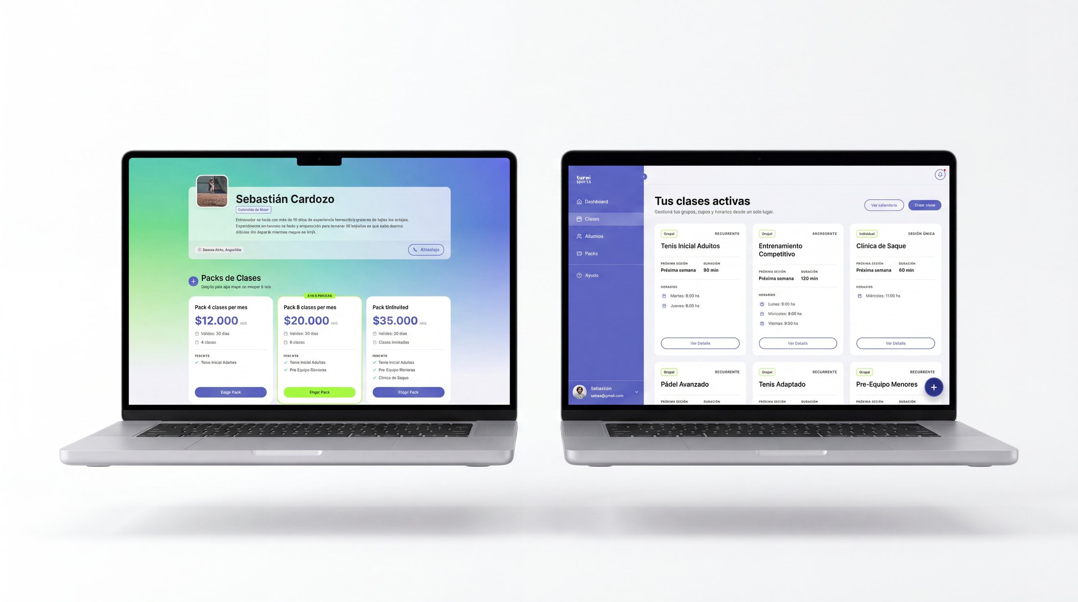 Turni shown on two laptops: the public class-packs page and the trainer dashboard.