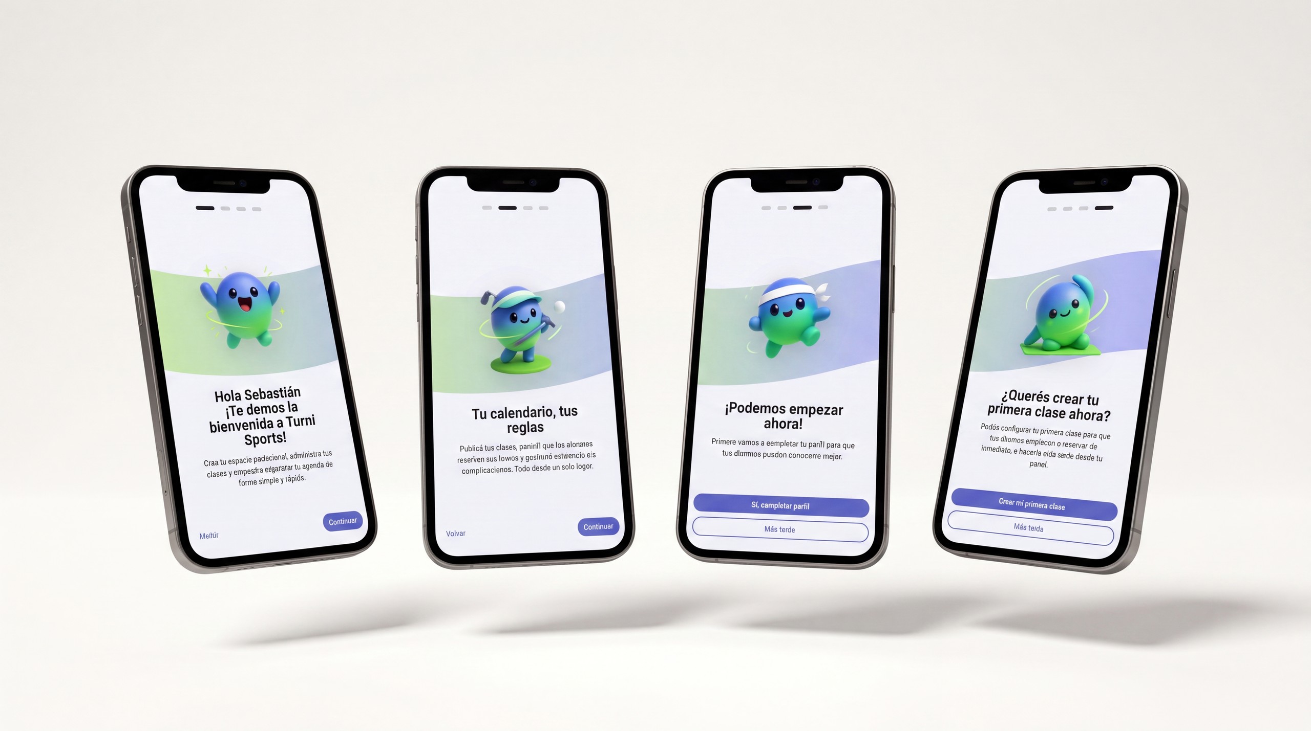 Turni on four phones, showing the student-facing booking and onboarding flow.