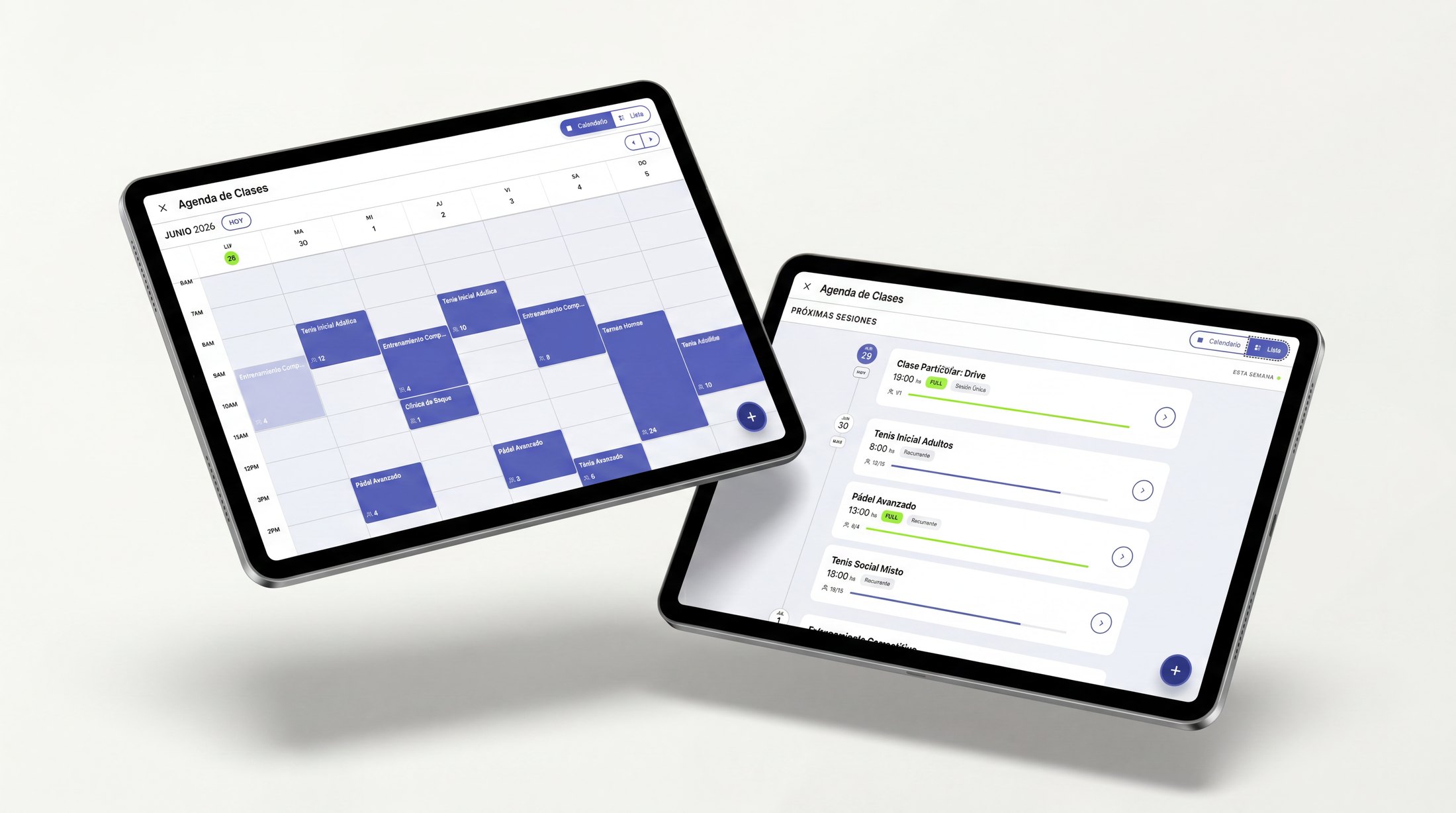 Turni trainer views on two tablets: the class calendar and the chronological class list.